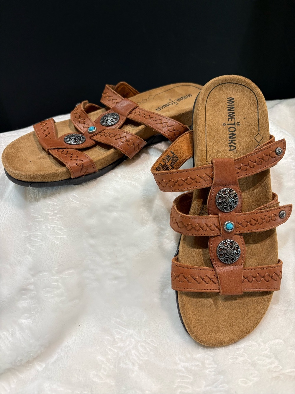 Minnetonka Brown Leather Triple-Strap Sandals with Turquoise Accents